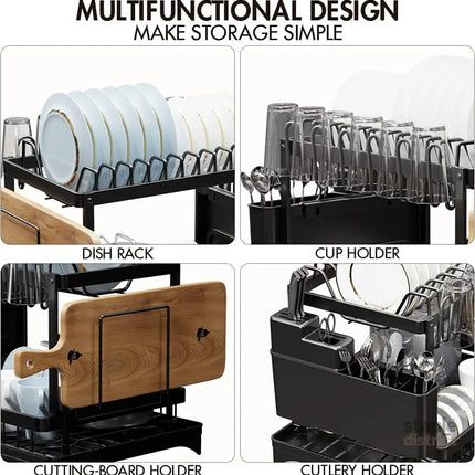 CARLA HOME 2-Tier Dish Drying Rack with Drainage Tray, Utensil Holder, Cup Hooks & Cutting Board Slot for Countertop Kitchen Storage (Black)-2042061535609753602