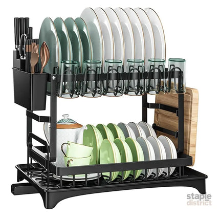 CARLA HOME 2-Tier Dish Drying Rack with Drainage Tray, Utensil Holder, Cup Hooks & Cutting Board Slot for Countertop Kitchen Storage (Black)-2042061535609753608