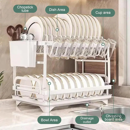 CARLA HOME 2-Tier Dish Drying Rack with Drainage Tray, Utensil Holder, Cup Hooks & Cutting Board Slot for Countertop Kitchen Storage (White)-2042061535790108674