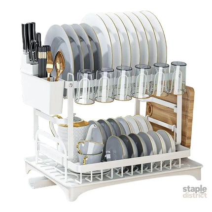 CARLA HOME 2-Tier Dish Drying Rack with Drainage Tray, Utensil Holder, Cup Hooks & Cutting Board Slot for Countertop Kitchen Storage (White)-2042061535790108680