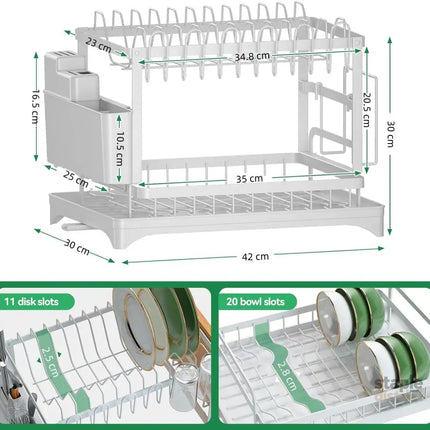 CARLA HOME 2-Tier Dish Drying Rack with Drainage Tray, Utensil Holder, Cup Hooks & Cutting Board Slot for Countertop Kitchen Storage (White)-2042061535790108673