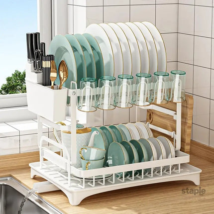 CARLA HOME 2-Tier Dish Drying Rack with Drainage Tray, Utensil Holder, Cup Hooks & Cutting Board Slot for Countertop Kitchen Storage (White)-2042061535790108672