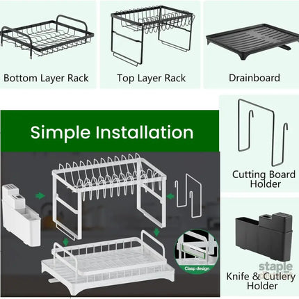 CARLA HOME 2-Tier Dish Drying Rack with Drainage Tray, Utensil Holder, Cup Hooks & Cutting Board Slot for Countertop Kitchen Storage (White)-2042061535790108679