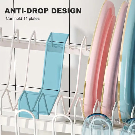 CARLA HOME 2-Tier Dish Drying Rack with Drainage Tray, Utensil Holder, Cup Hooks & Cutting Board Slot for Countertop Kitchen Storage (White)-2042061535790108677