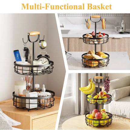 CARLA HOME 2-Tier Fruit Basket Bowl Storage with Wood Lift Handle and Dual Banana Tree Hanger for Kitchen Countertop-2042061557625655300