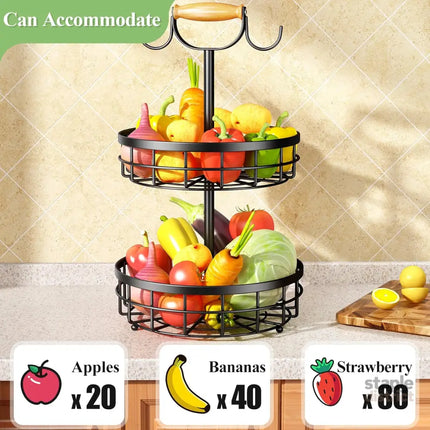 CARLA HOME 2-Tier Fruit Basket Bowl Storage with Wood Lift Handle and Dual Banana Tree Hanger for Kitchen Countertop-2042061557625655298