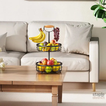 CARLA HOME 2-Tier Fruit Basket Bowl Storage with Wood Lift Handle and Dual Banana Tree Hanger for Kitchen Countertop-2042061557625655297