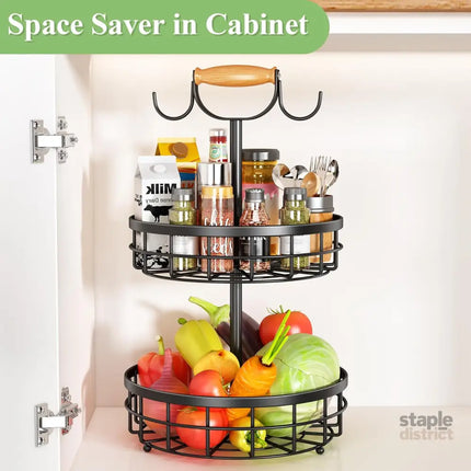 CARLA HOME 2-Tier Fruit Basket Bowl Storage with Wood Lift Handle and Dual Banana Tree Hanger for Kitchen Countertop-2042061557625655301