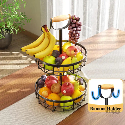 CARLA HOME 2-Tier Fruit Basket Bowl Storage with Wood Lift Handle and Dual Banana Tree Hanger for Kitchen Countertop-2042061557625655299