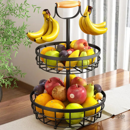 CARLA HOME 2-Tier Fruit Basket Bowl Storage with Wood Lift Handle and Dual Banana Tree Hanger for Kitchen Countertop-2042061557625655296