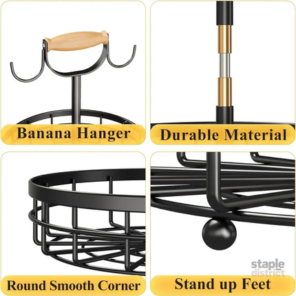 CARLA HOME 2-Tier Fruit Basket Bowl Storage with Wood Lift Handle and Dual Banana Tree Hanger for Kitchen Countertop-2042061557625655302