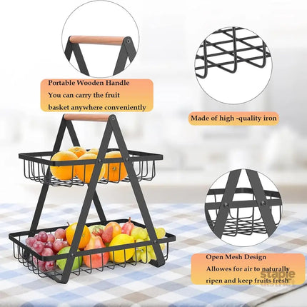 CARLA HOME 2-Tier Fruit Basket Stand for Kitchen Countertop for Fruits Vegetables Bread & Snacks with Wooden Handle