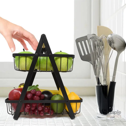 CARLA HOME 2-Tier Fruit Basket Stand for Kitchen Countertop for Fruits Vegetables Bread & Snacks with Wooden Handle