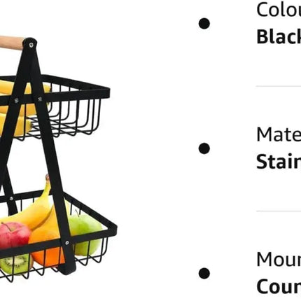 CARLA HOME 2-Tier Fruit Basket Stand for Kitchen Countertop for Fruits Vegetables Bread & Snacks with Wooden Handle