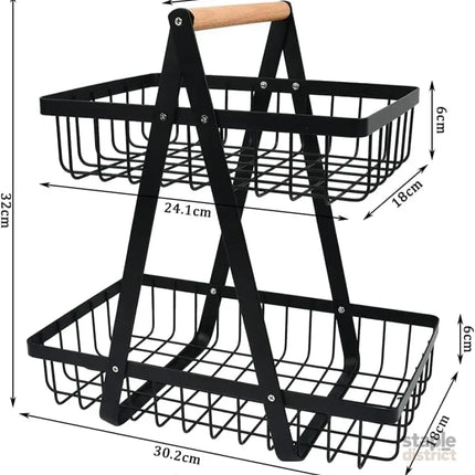 CARLA HOME 2-Tier Fruit Basket Stand for Kitchen Countertop for Fruits Vegetables Bread & Snacks with Wooden Handle