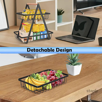 CARLA HOME 2-Tier Fruit Basket Stand for Kitchen Countertop for Fruits Vegetables Bread & Snacks with Wooden Handle