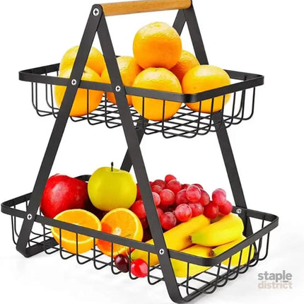 CARLA HOME 2-Tier Fruit Basket Stand for Kitchen Countertop for Fruits Vegetables Bread & Snacks with Wooden Handle