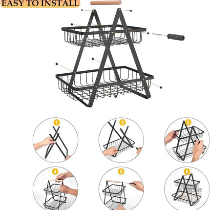 CARLA HOME 2-Tier Fruit Basket Stand for Kitchen Countertop for Fruits Vegetables Bread & Snacks with Wooden Handle