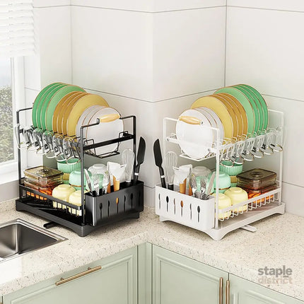 CARLA HOME 2-Tier Large Dish Drying Rack with Drainboard, Utensil Holder, Glass Hooks & Cutlery Storage (Black)-2042061558544207881