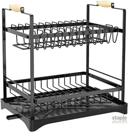 CARLA HOME 2-Tier Large Dish Drying Rack with Drainboard, Utensil Holder, Glass Hooks & Cutlery Storage (Black)-2042061558544207880