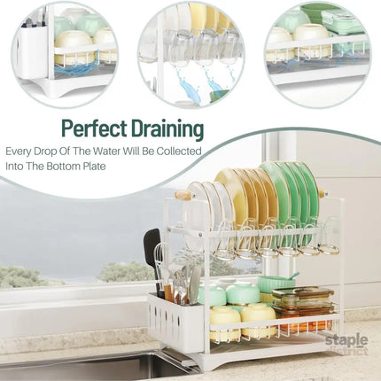 CARLA HOME 2-Tier Large Dish Drying Rack with Drainboard, Utensil Holder, Glass Hooks & Cutlery Storage (Black)-2042061558544207876