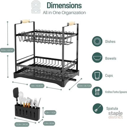 CARLA HOME 2-Tier Large Dish Drying Rack with Drainboard, Utensil Holder, Glass Hooks & Cutlery Storage (Black)-2042061558544207873