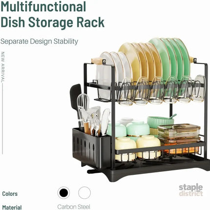 CARLA HOME 2-Tier Large Dish Drying Rack with Drainboard, Utensil Holder, Glass Hooks & Cutlery Storage (Black)-2042061558544207874