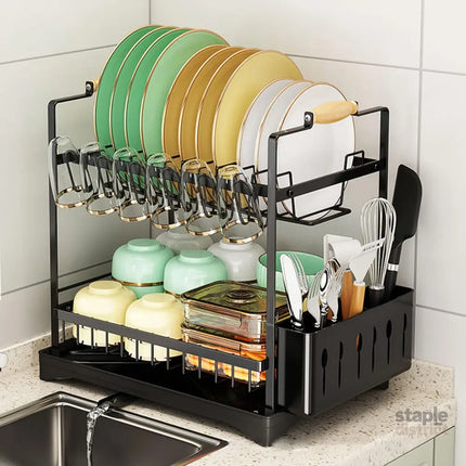 CARLA HOME 2-Tier Large Dish Drying Rack with Drainboard, Utensil Holder, Glass Hooks & Cutlery Storage (Black)-2042061558544207879