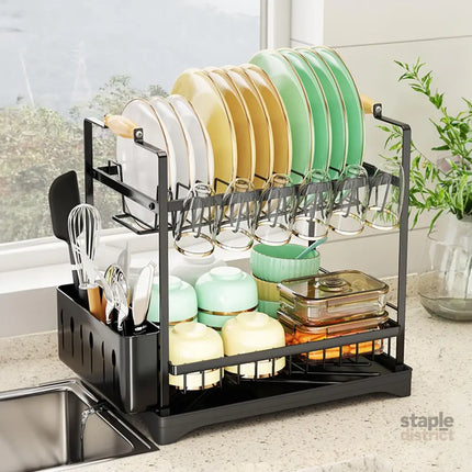 CARLA HOME 2-Tier Large Dish Drying Rack with Drainboard, Utensil Holder, Glass Hooks & Cutlery Storage (Black)-2042061558544207872