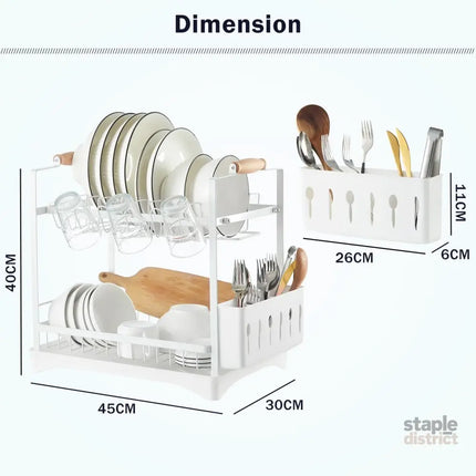 CARLA HOME 2-Tier Large Dish Drying Rack with Drainboard, Utensil Holder, Glass Hooks & Cutlery Storage (White)-2042061558745534466
