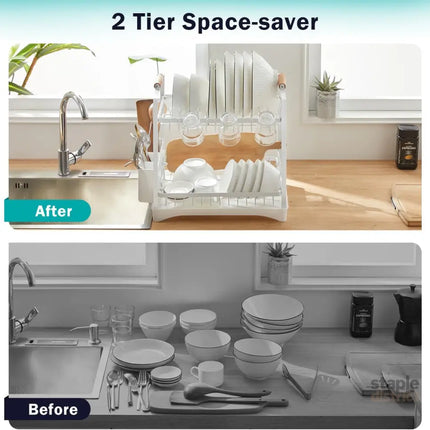 CARLA HOME 2-Tier Large Dish Drying Rack with Drainboard, Utensil Holder, Glass Hooks & Cutlery Storage (White)-2042061558745534467