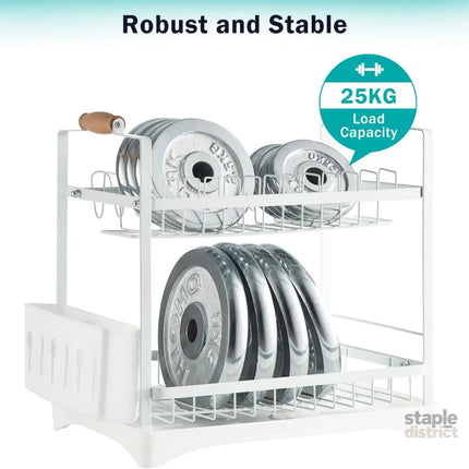 CARLA HOME 2-Tier Large Dish Drying Rack with Drainboard, Utensil Holder, Glass Hooks & Cutlery Storage (White)-2042061558745534472