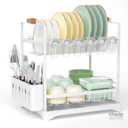 CARLA HOME 2-Tier Large Dish Drying Rack with Drainboard, Utensil Holder, Glass Hooks & Cutlery Storage (White)-2042061558745534464