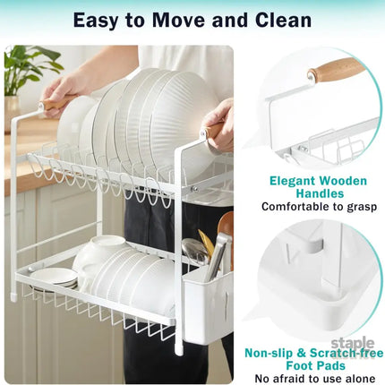 CARLA HOME 2-Tier Large Dish Drying Rack with Drainboard, Utensil Holder, Glass Hooks & Cutlery Storage (White)-2042061558745534471