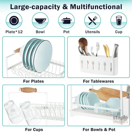 CARLA HOME 2-Tier Large Dish Drying Rack with Drainboard, Utensil Holder, Glass Hooks & Cutlery Storage (White)-2042061558745534469