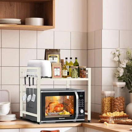 CARLA HOME 2-Tier Microwave Oven Rack with Adjustable Metal Kitchen Shelf Stand for Countertop Storage and 6 Hooks for Utensils (White)-2050057510974525441