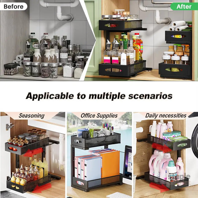CARLA HOME 2 Tier Under Sink Organizer Pull Out Sliding Cabinet Storage Shelf with Height Adjustable for Kitchen, Bathroom or Laundry Room (Black)-2050057510022418433