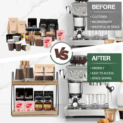 CARLA HOME 2-Tier Wooden Coffee Station Rack Organizer for Coffee Bar, Condiments, Syrups, Storage Jars & Spice Storage Shelf-2042061536377311234