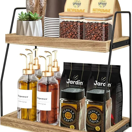 CARLA HOME 2-Tier Wooden Coffee Station Rack Organizer for Coffee Bar, Condiments, Syrups, Storage Jars & Spice Storage Shelf-2042061536377311232