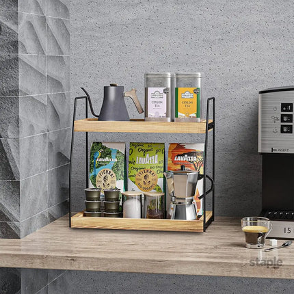 CARLA HOME 2-Tier Wooden Coffee Station Rack Organizer for Coffee Bar, Condiments, Syrups, Storage Jars & Spice Storage Shelf-2042061536377311238