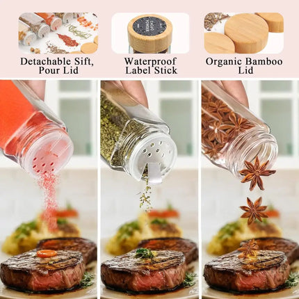 CARLA HOME 24 Glass Spice Jars with Bamboo Lids, Shaker Tops, 180 Spice Labels, White Pen & Funnel for Kitchen Organization, Spice Rack, Seasoning & Herb Storage-2050057501977743363