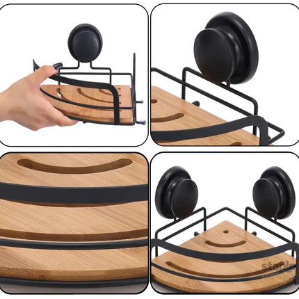 CARLA HOME  2 Pack Round Bamboo Corner Shower Caddy Shelf Basket Rack with Premium Vacuum Suction Cup No-Drilling for Bathroom and Kitchen-2042061554609950725