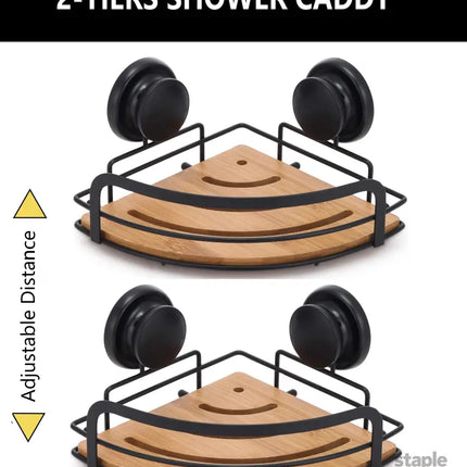 CARLA HOME  2 Pack Round Bamboo Corner Shower Caddy Shelf Basket Rack with Premium Vacuum Suction Cup No-Drilling for Bathroom and Kitchen-2042061554609950722