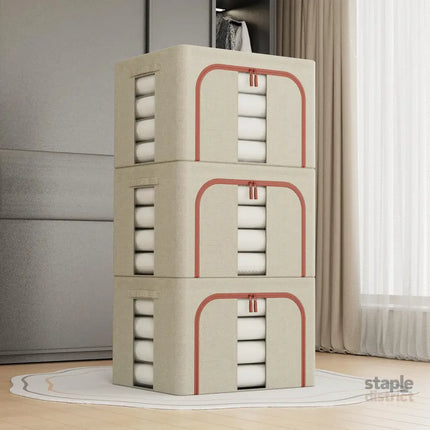 CARLA HOME 3 pack Large Clothes Storage Bins with Lids for Clothing, Bedding, Blankets, Toys (66L capacity - Beige)-2050057507174486016
