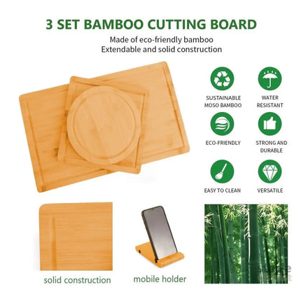 CARLA HOME 3 Pieces Bamboo Cutting Board with Juice Groove and Mobile Holder included for Home Kitchen-2042061560481976327