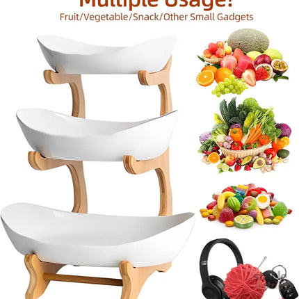 CARLA HOME 3-Tier Ceramic Fruit Bowl Basket with Bamboo Stand for Kitchen Counter, Snack Tray, Dessert Server & Vegetable Storage Rack-2042061535983046658