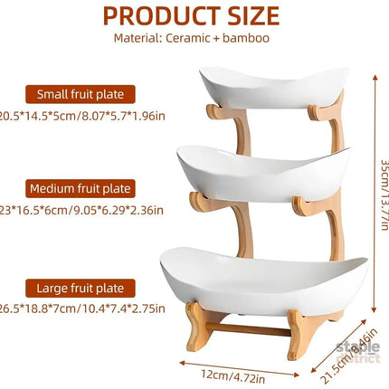 CARLA HOME 3-Tier Ceramic Fruit Bowl Basket with Bamboo Stand for Kitchen Counter, Snack Tray, Dessert Server & Vegetable Storage Rack-2042061535983046663