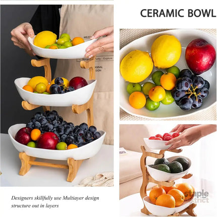 CARLA HOME 3-Tier Ceramic Fruit Bowl Basket with Bamboo Stand for Kitchen Counter, Snack Tray, Dessert Server & Vegetable Storage Rack-2042061535983046661