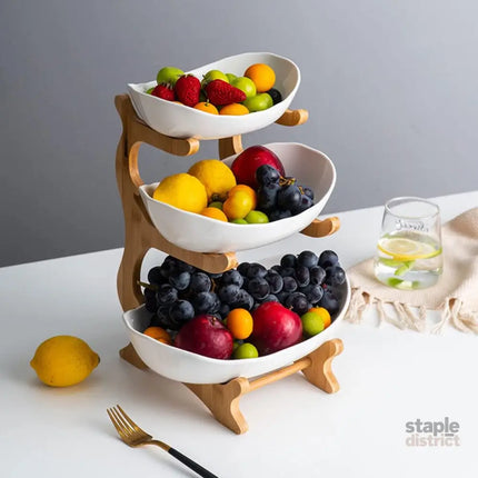 CARLA HOME 3-Tier Ceramic Fruit Bowl Basket with Bamboo Stand for Kitchen Counter, Snack Tray, Dessert Server & Vegetable Storage Rack-2042061535983046665