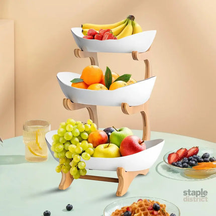 CARLA HOME 3-Tier Ceramic Fruit Bowl Basket with Bamboo Stand for Kitchen Counter, Snack Tray, Dessert Server & Vegetable Storage Rack-2042061535983046657